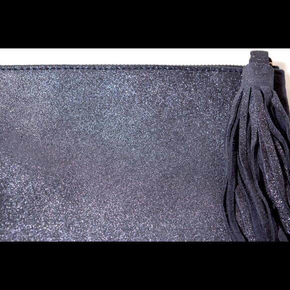 Eileen Fisher Round Pouch with Tassel Full Shimmer Blue Leather Clutch - Picture 2 of 3